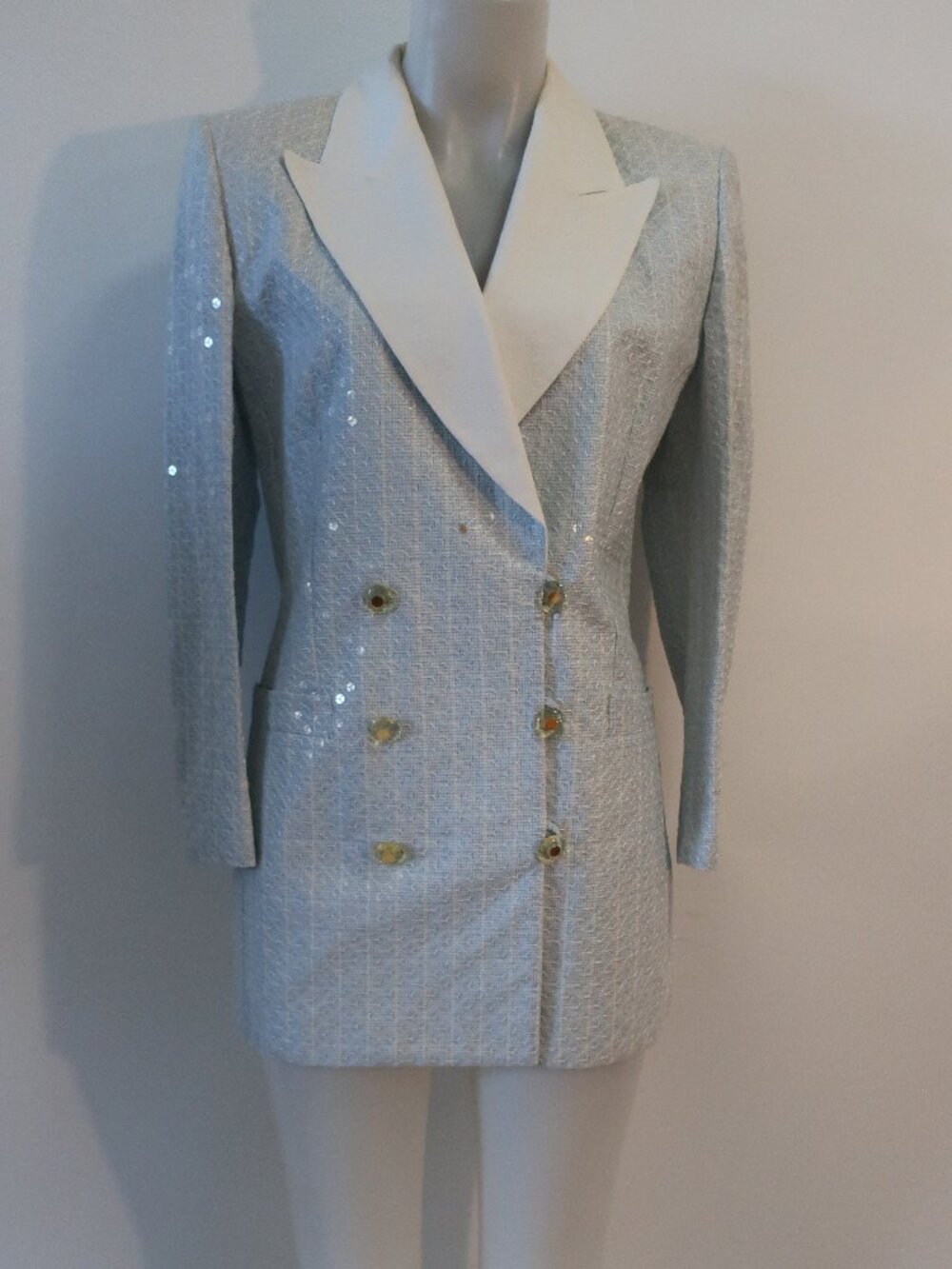 Womens Escada Margaretha Ley Ice Blue White (Item- 215) Sequin Blazer 36 US/S